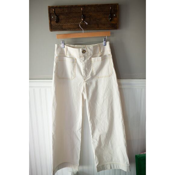 Anthropologie Colette Cropped Wide-Leg Pants Contrast-Stitch Linen SIZED WRONG - Picture 1 of 3